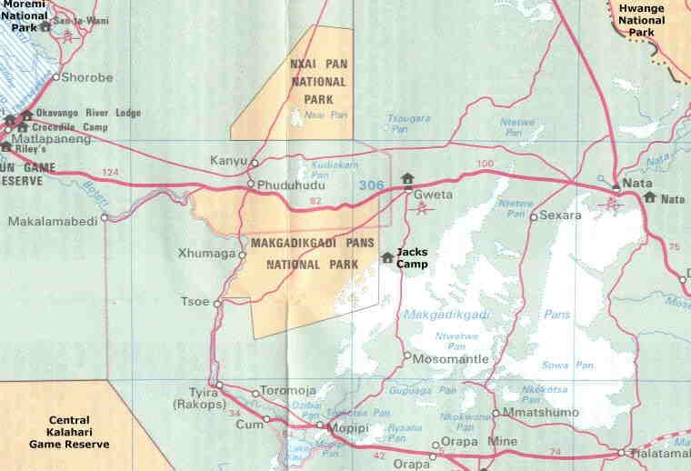 Mapa NP Makgadikgadi Pans v Botswaně