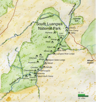 Mapa NP South Luangwa v Zambii