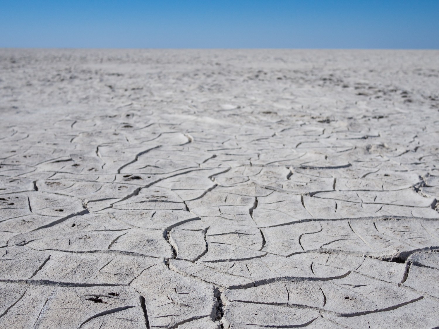 Suchá a nehostinná krajina v NP Makgadikgadi Pans v Botswaně.